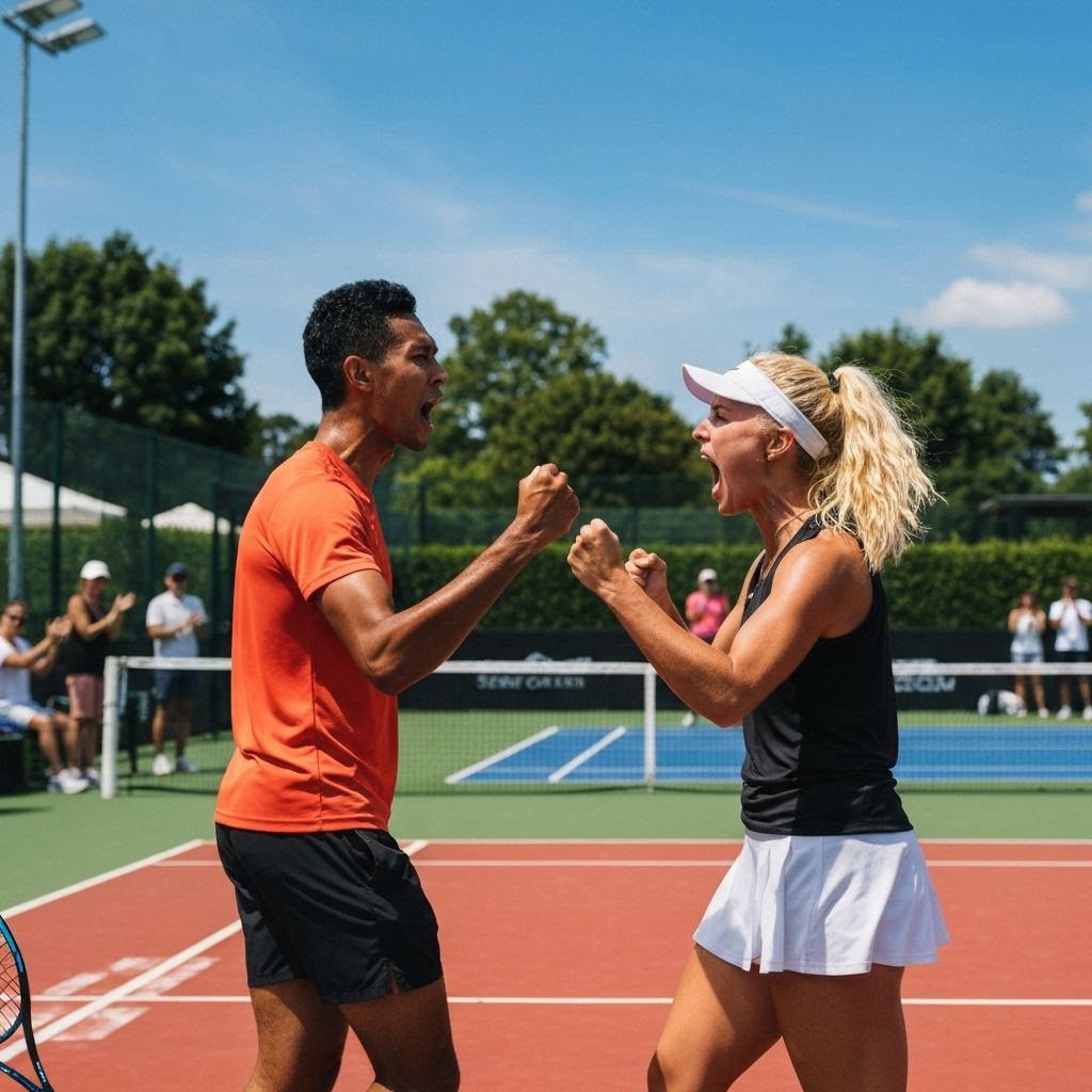 Happy membership club members celebrating with passion and joy on court